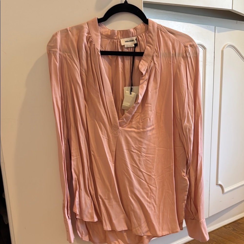 Pink Pleated Blouse with Mandarin Collar